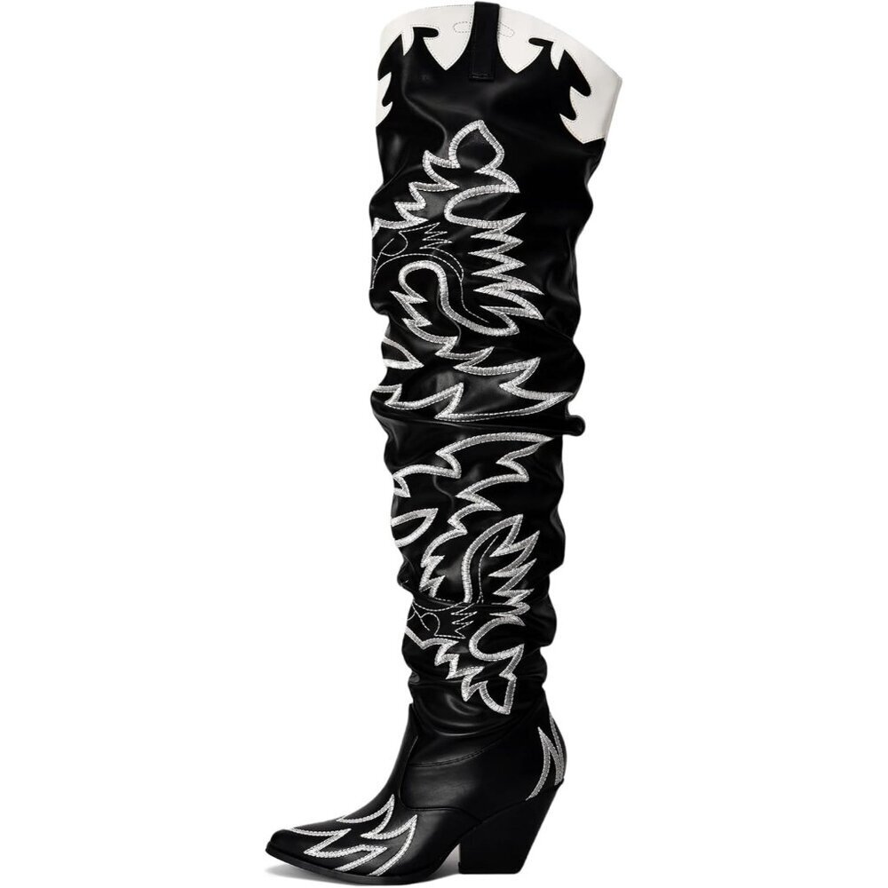 Women Pu Black Faux Leather Over The Knee Cowgirl Chunky Block Heel Fashion Boot